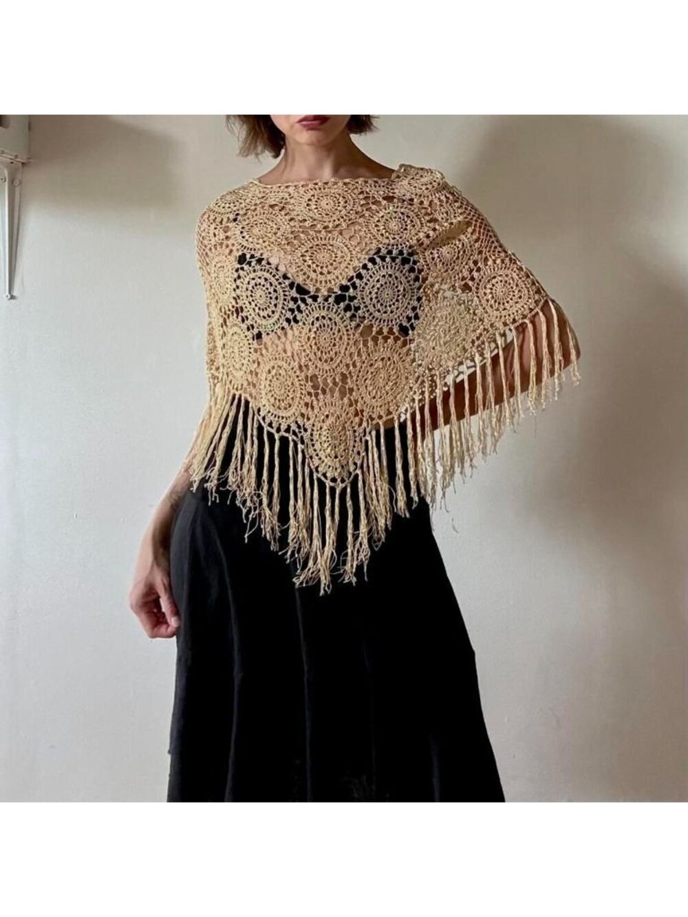 Sequined Crochet Fringe Shawl — Unlabeled Vintage